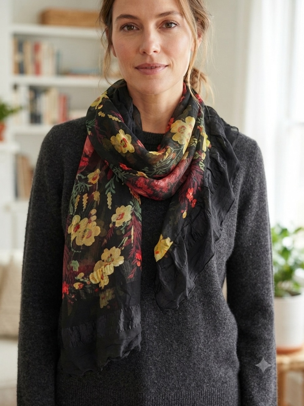 Vintage-Inspired Sheer Black Floral Scarf – Lightweight Botanical Shawl Wrap